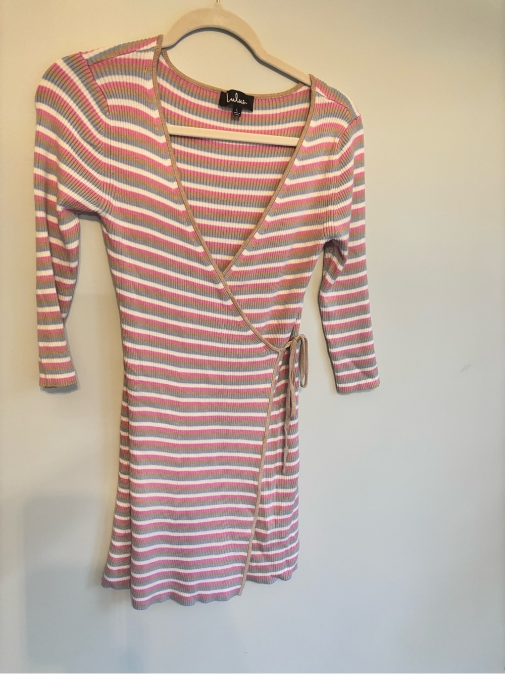 Lulu's Pink, Taupe & White Striped Wrap Knit Dress